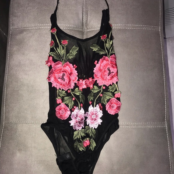 Floral Black Mesh Bodysuit - Picture 1 of 3